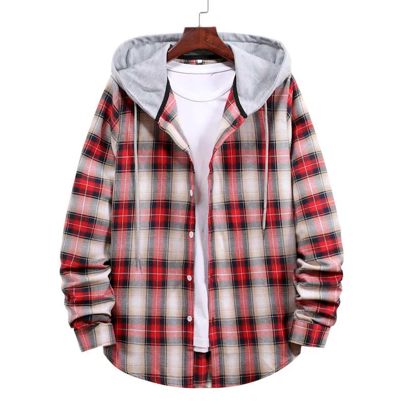 

Mens Outdoor Streetwear Hooded Shirts Flannel Lined Plus Size Long Sleeve Cotton Cusual Custom Design Mens Plaid Shirt Shirts, Red&gray