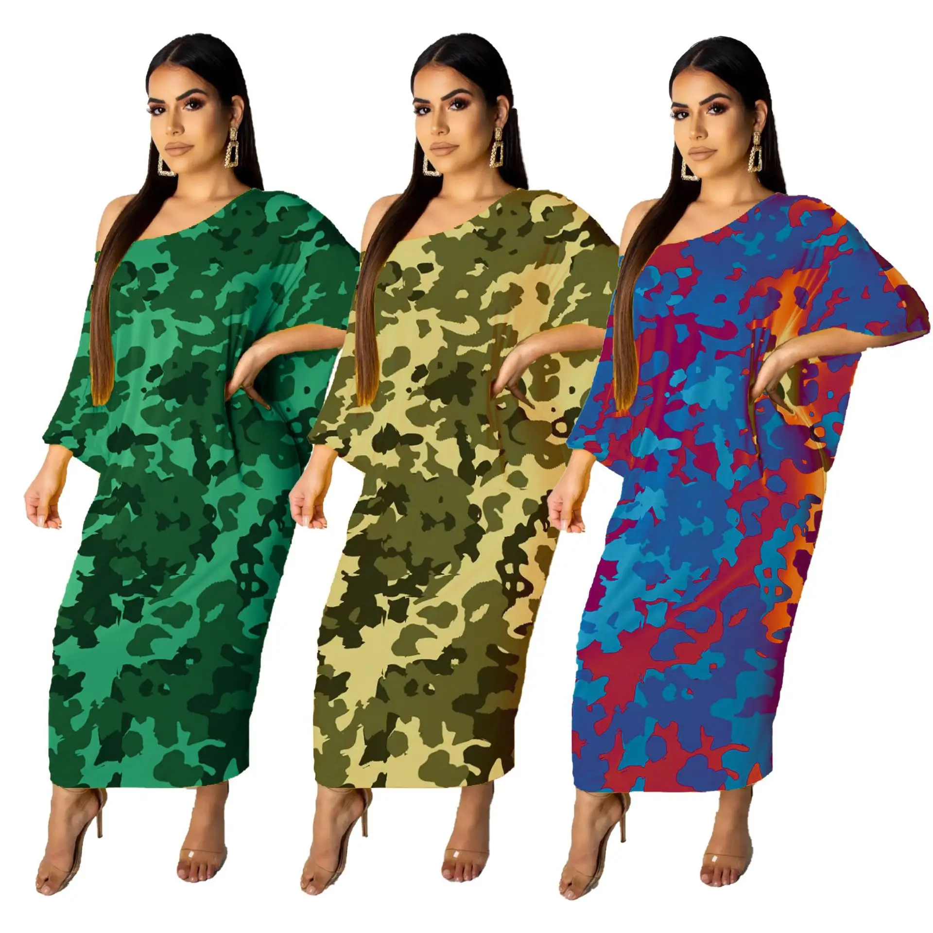 

YFS-3520 Summer Plus Size Women'S Fashion Loose Shoulder Camouflage Dress, Picture color
