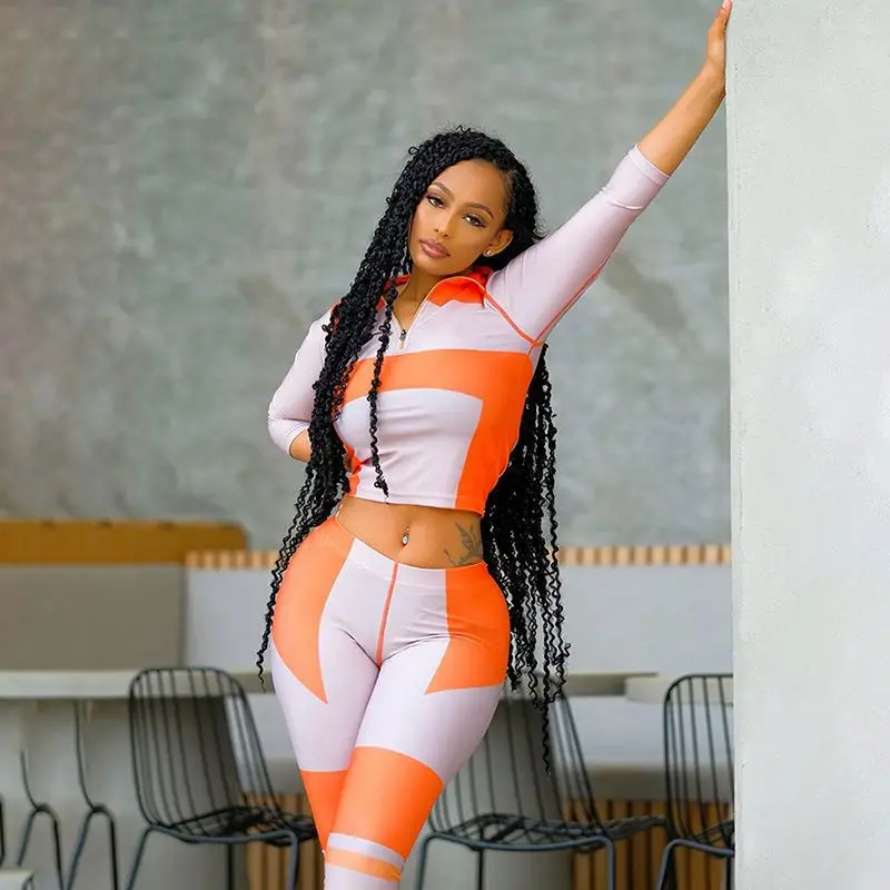 

Women'S Fashion Gym Clothing Women Print Slim Stand Collar Sports 2 Piece Tracksuits Women, Picture color