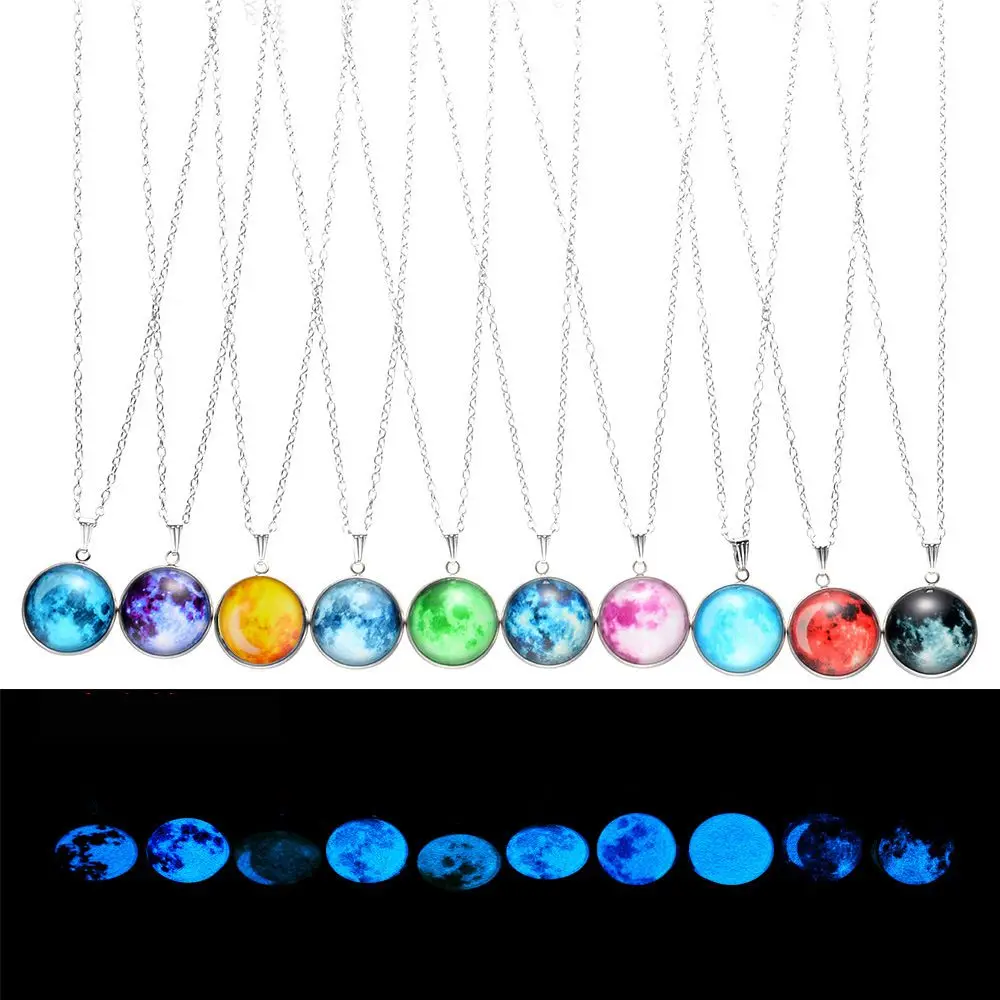 

Glow in The Dark Moon Galaxy Planet Glass Cabochon Pendant Silver Chain Luminous Necklace Jewelry Women Gifts, As pic shows