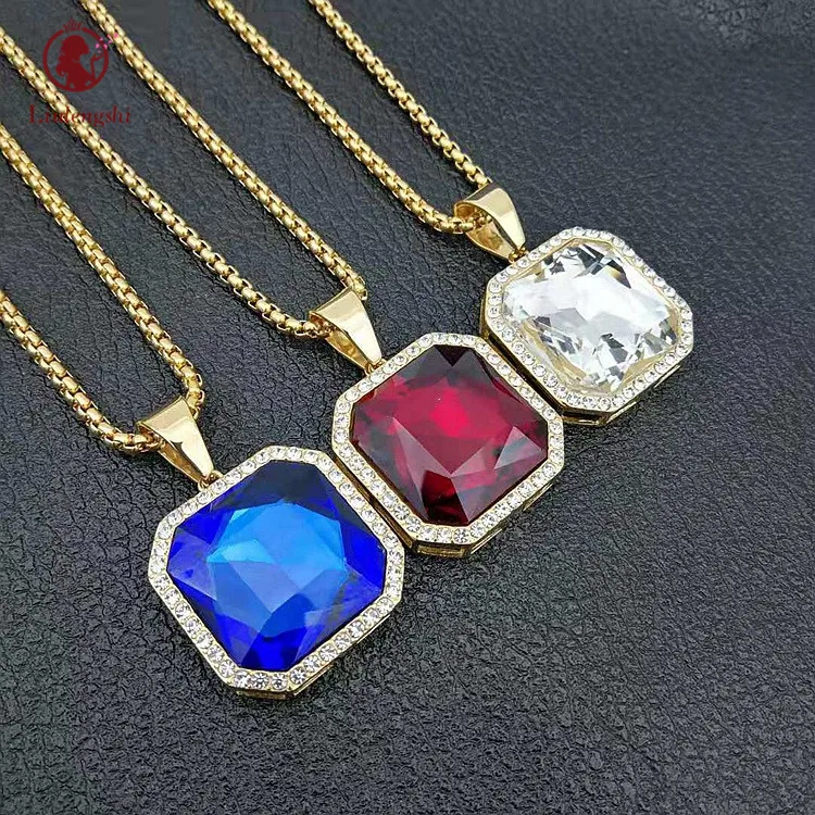 

Hips Hop Stainless Steel Colored Crystal Necklace Colorful Square Cubic Zircon Gemstone Pendant Necklace For Men