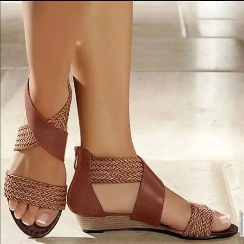 

2021 European&American new arrival women's shoes plus size hollow woven strap sandals wedge heel casual beach sandals, Four colors or customized