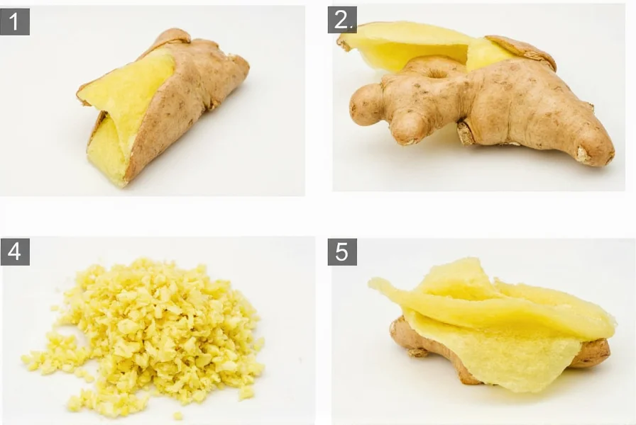 Step-by-step ginger preparation techniques showing peeling, grating, and slicing methods for culinary use