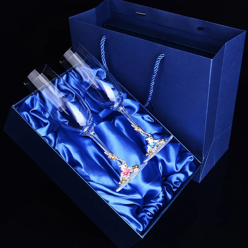 

2pcs Wine Glass Couple Gift Box Enamel Champagne Flutes Crystalline Toasting Glasses Goblet Wedding Glass