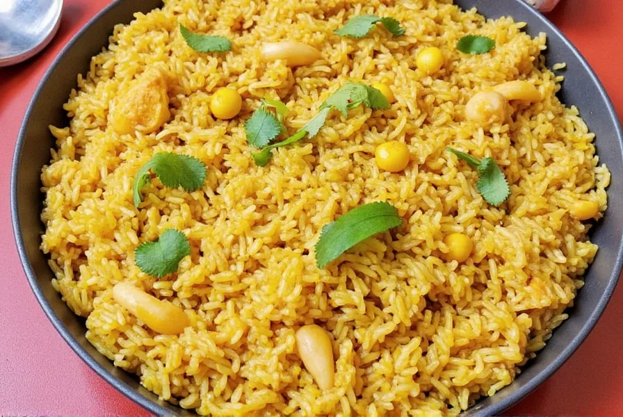 Bowl of curried rice topped with golden raisins and cilantro
