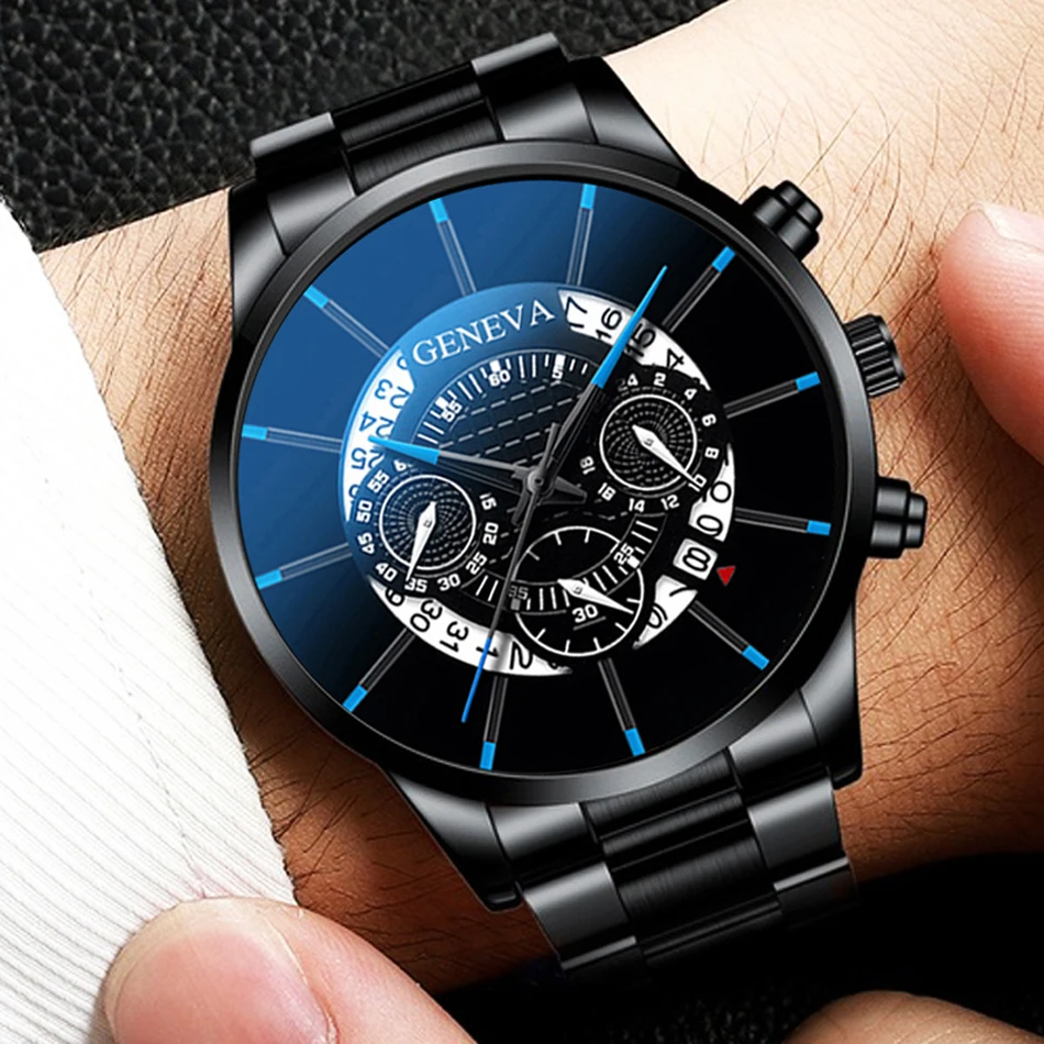 

luxury men's fashion business calendar showing blue stainless steel mesh belt analog quartz watch relogio masculino date