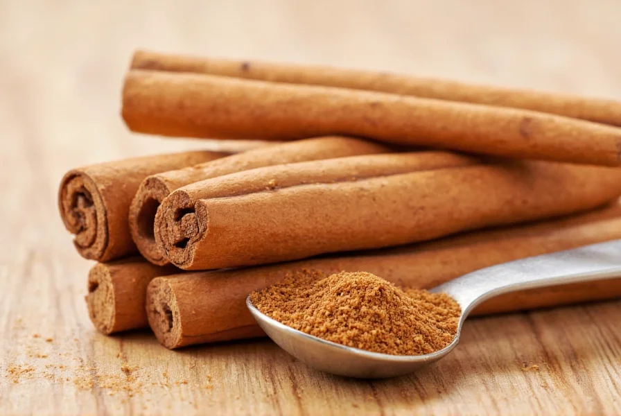 Close-up of Ceylon cinnamon sticks next to measuring spoon showing recommended daily dosage
