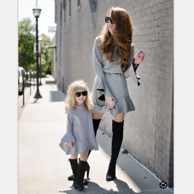 

2020 mother and daughter matching outfits solid trumpet sleeve dress parent-child wear women's clothing mommy and me outfits, White causal family dresses