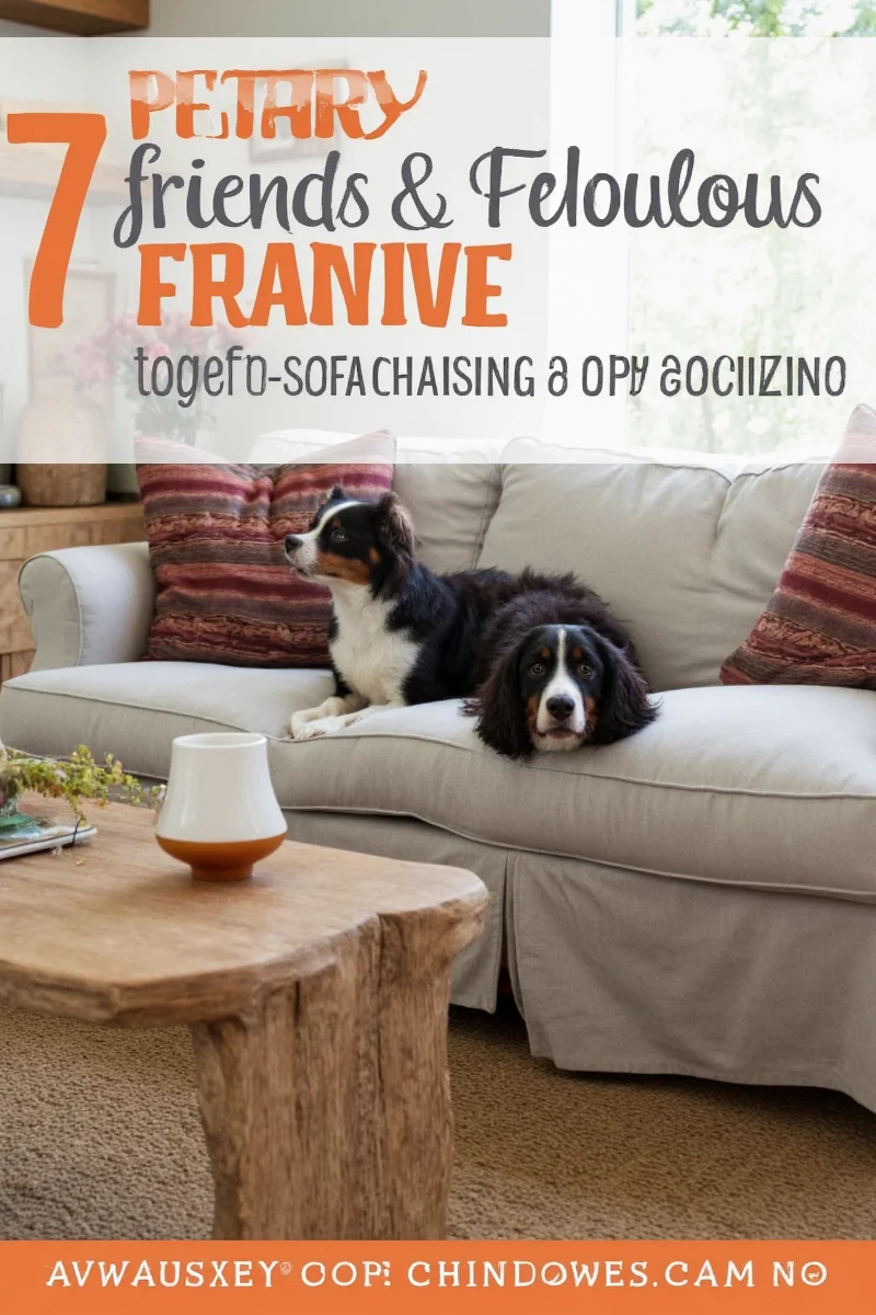A living room with a white couch protected by a durable sofa slipcover, surrounded by happy dogs and cats playing around