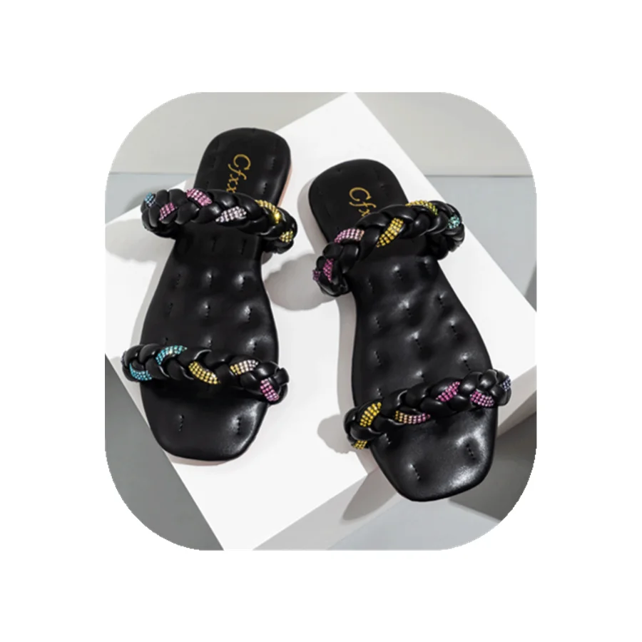 

2021 new summer fashion PU weave sandals rhinestone slippers casual flat-bottomed sandals women, As picture