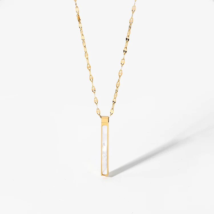 

Bulk sell 14k gold plated stainless steel natural shell stone long horizontal vertical bar necklace blade chain for girls, Optional as picture,or customized