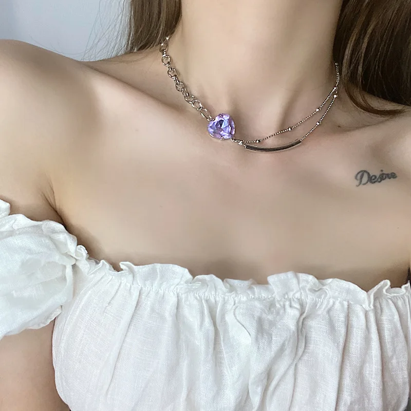

JUHU New purple diamond heart alloy necklace fashion ins temperament clavicle chain cute simple heart alloy jewelry wholesale, Sliver