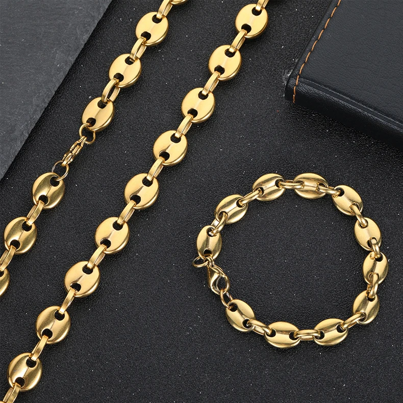 

Hip Hop Jewelry Vacuum Plating 8mm Coffee Bean Necklace Stainless Steel Cuban Link Chain Pig Nose Button Necklace, White gold,yellow gold