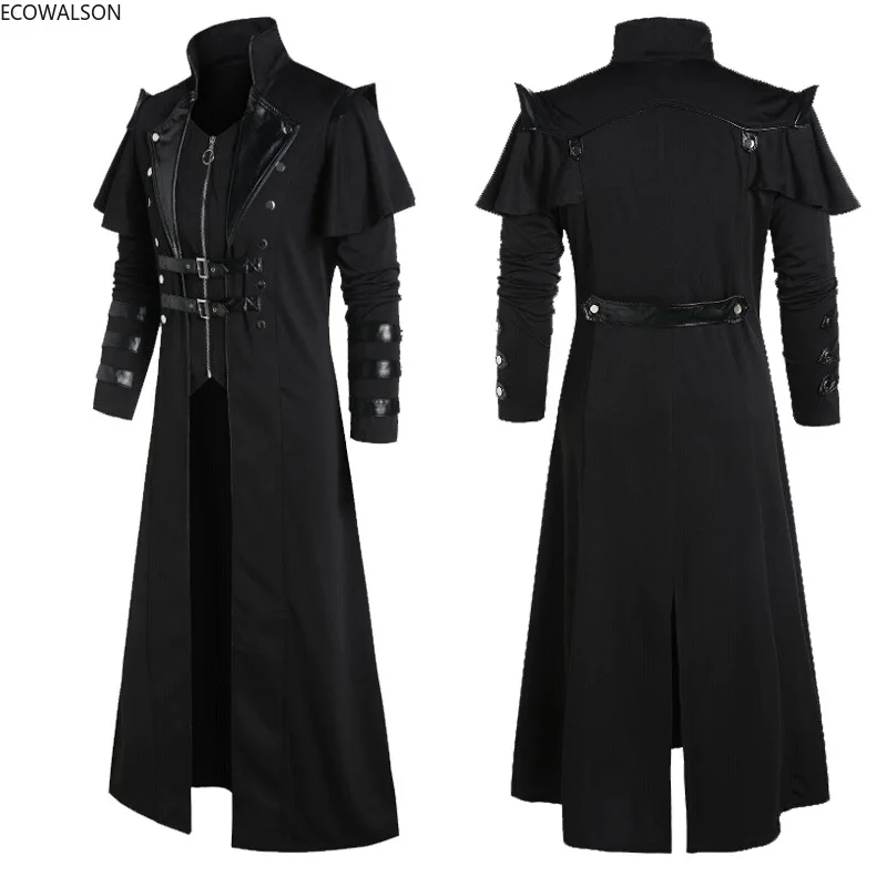 

Halloween Medieval Vintage Long Jacket Black Men's Clothing Gothic Steampunk Punk Trench Men Oversize Warrior Knight Costume