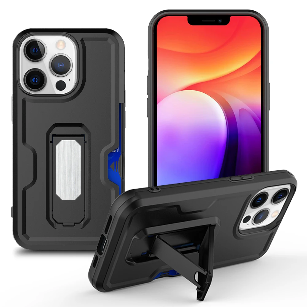 

New Arrival Metal Bracket Holder Phone Case Back Metal Bumper Cover with Card Slot and Holster for iphone 13/13 pro/13 pro max, Colorful