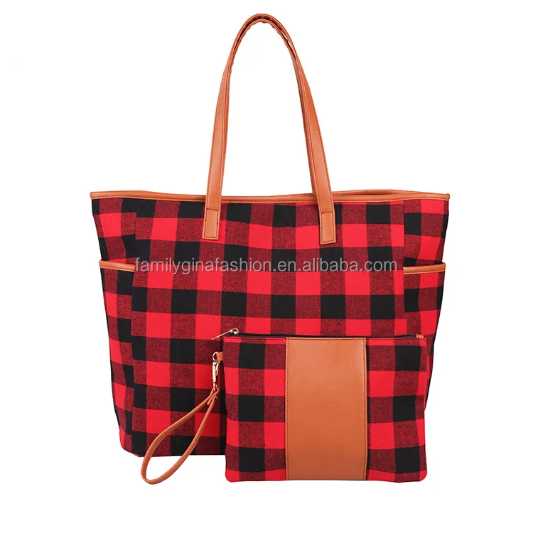 

Wholesale Monogrammed Women's Canvas Buffalo Plaid Tote Sets, As picture show