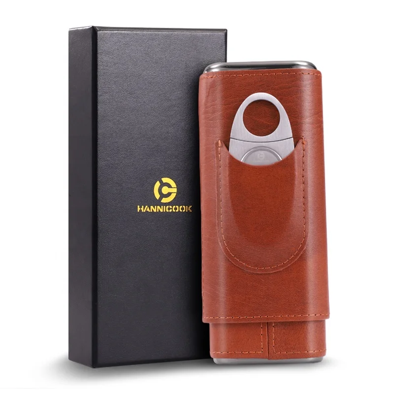 

free shipping Hot Sale Customized Logo Leather Brown cigar case travel with cutter, Can be customized