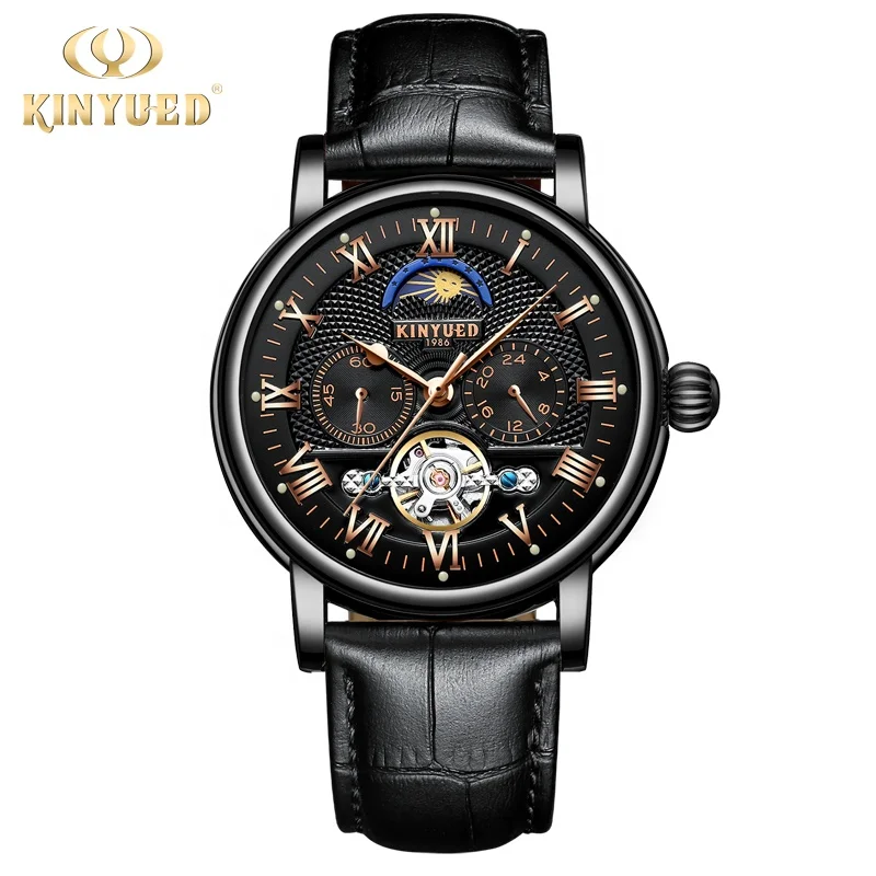 

KINYUED in stock men watches Fashion Leather in wristwatches waterproof Tourbillon movement mechanical