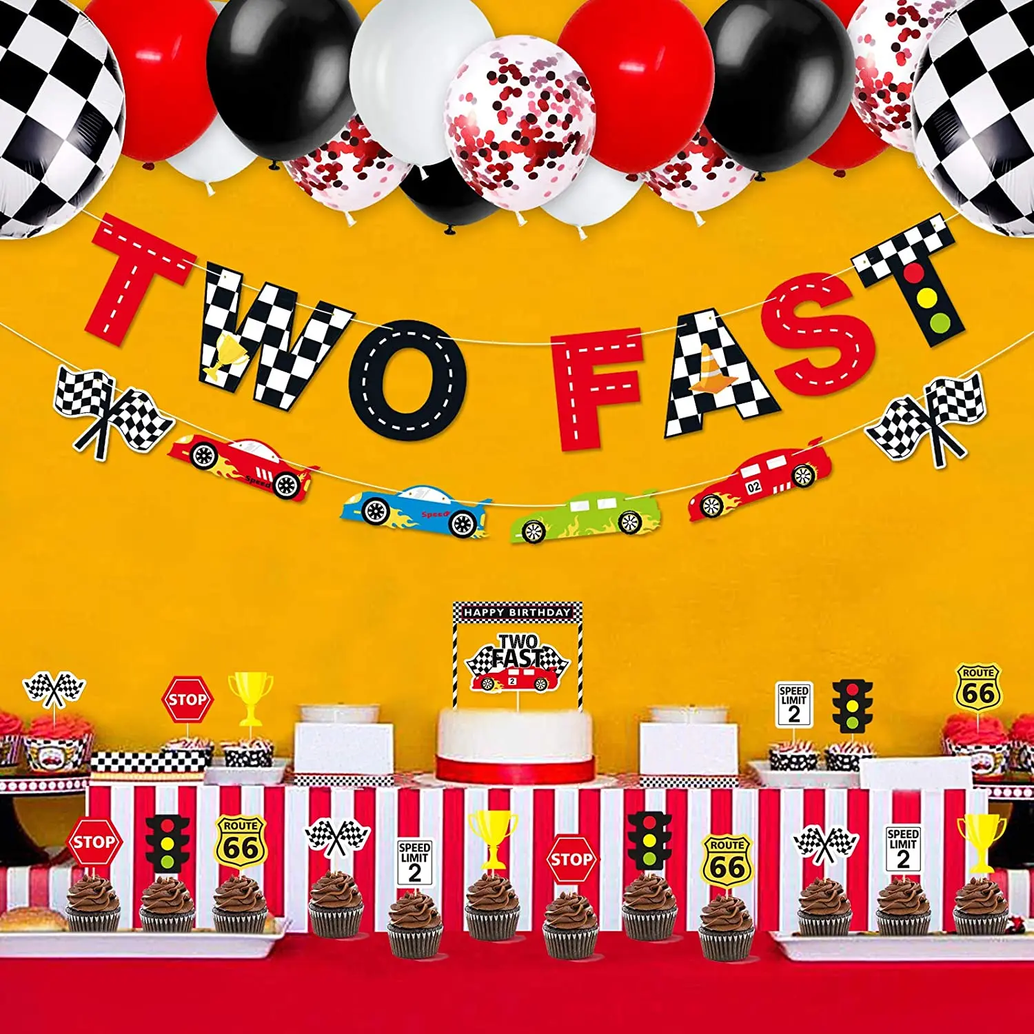 2nd Birthday Party Decoration Supplies Glittery Race Car Hot Wheel Checkered Flag Dessert Decor for Kids Boys 2 Years Birthday Theme Party Anniversary Erprobeen Two Fast Banner