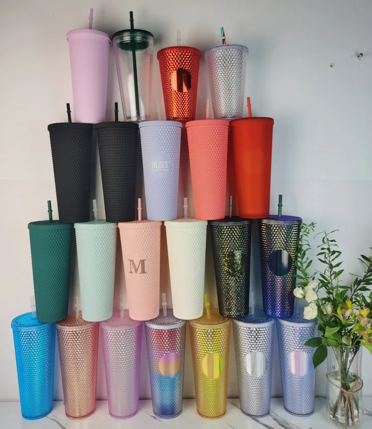 

2021 Popular 24oz Studded Tumbler Double Wall Plastic Light Blue Purple Black Matte Studded Tumbler With Straw, Customized color