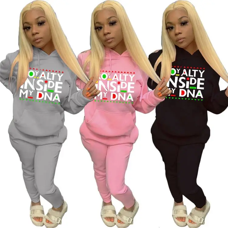 

D96250 Trendy 2021 Winter Long Sleeve Letter Printed Pocket Womens Casual Two Piece Set Women Clothing Hoodie Sets