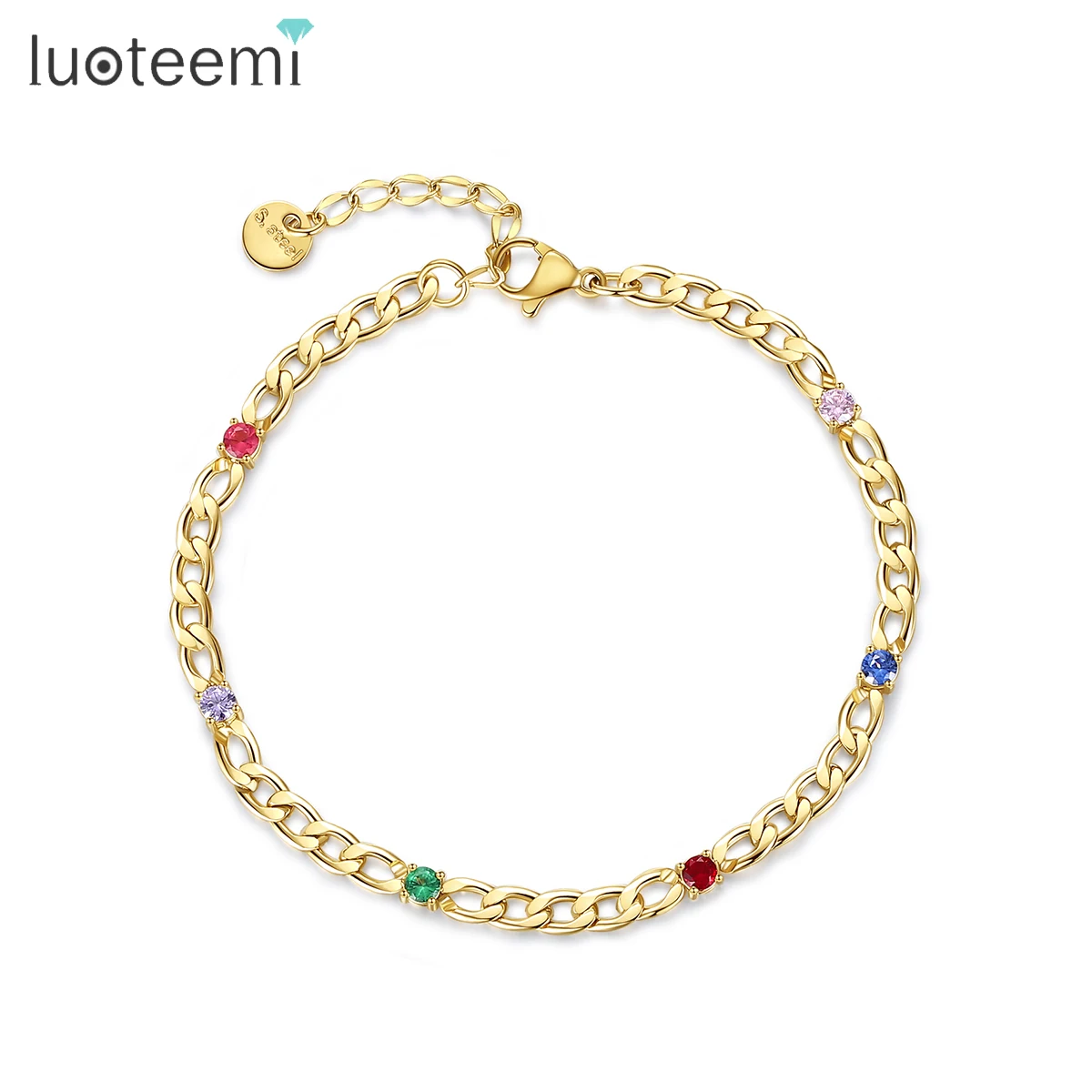 

SP-LAM Designer Cuban Chain Gold Colorful CZ Zirconia Fashion Lady Girl's Adjustable Tennis Bracelet