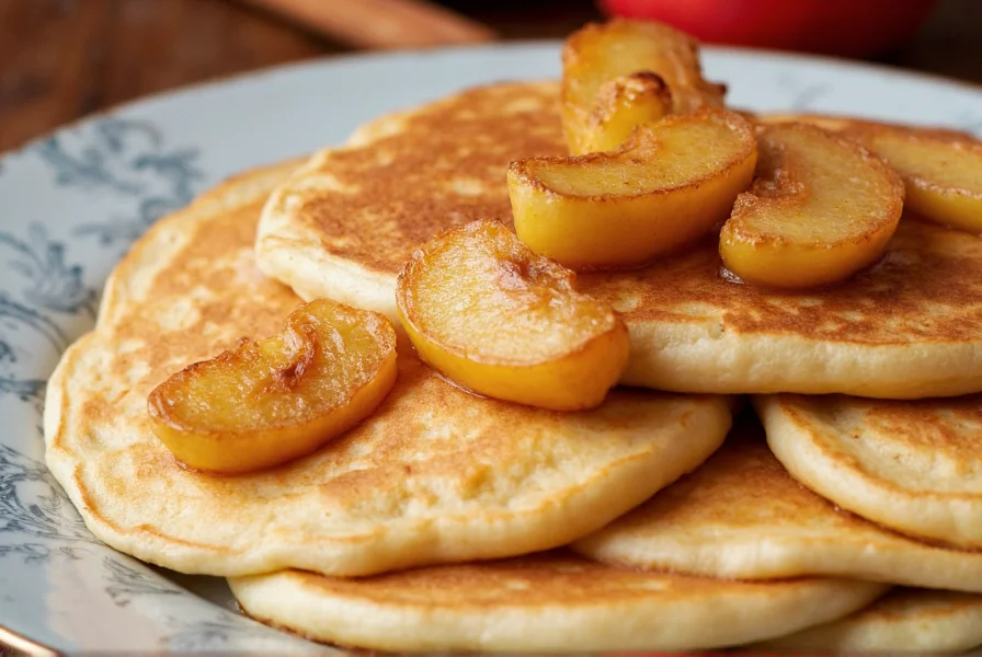Close-up of golden pancakes with caramelized apple slices and cinnamon swirls on a vintage plate