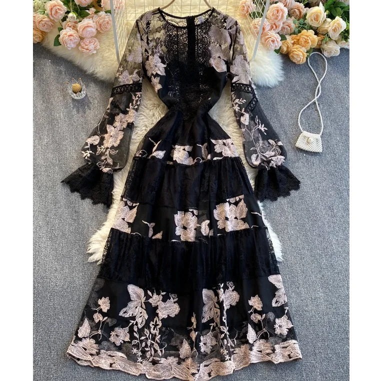 

Dress Bulk Clothes Embroidery Long Sleeve Lace Hollow Elegant Mof The Bride Dresses