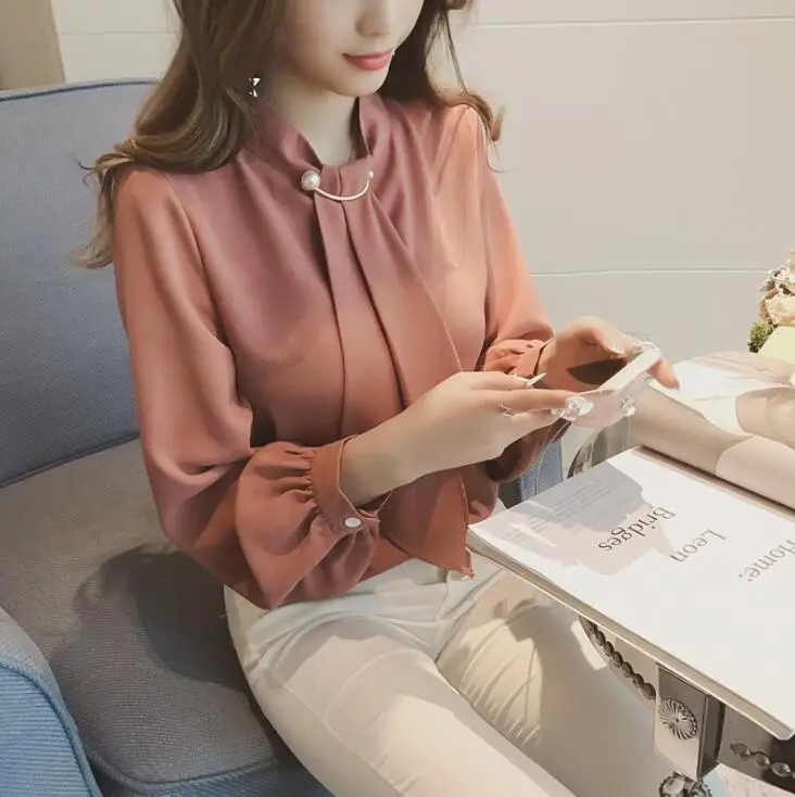 

CL0736A long sleeve bottoming shirt women chiffon blouse lantern sleeve chiffon shirt, White/apricot/pink/blue