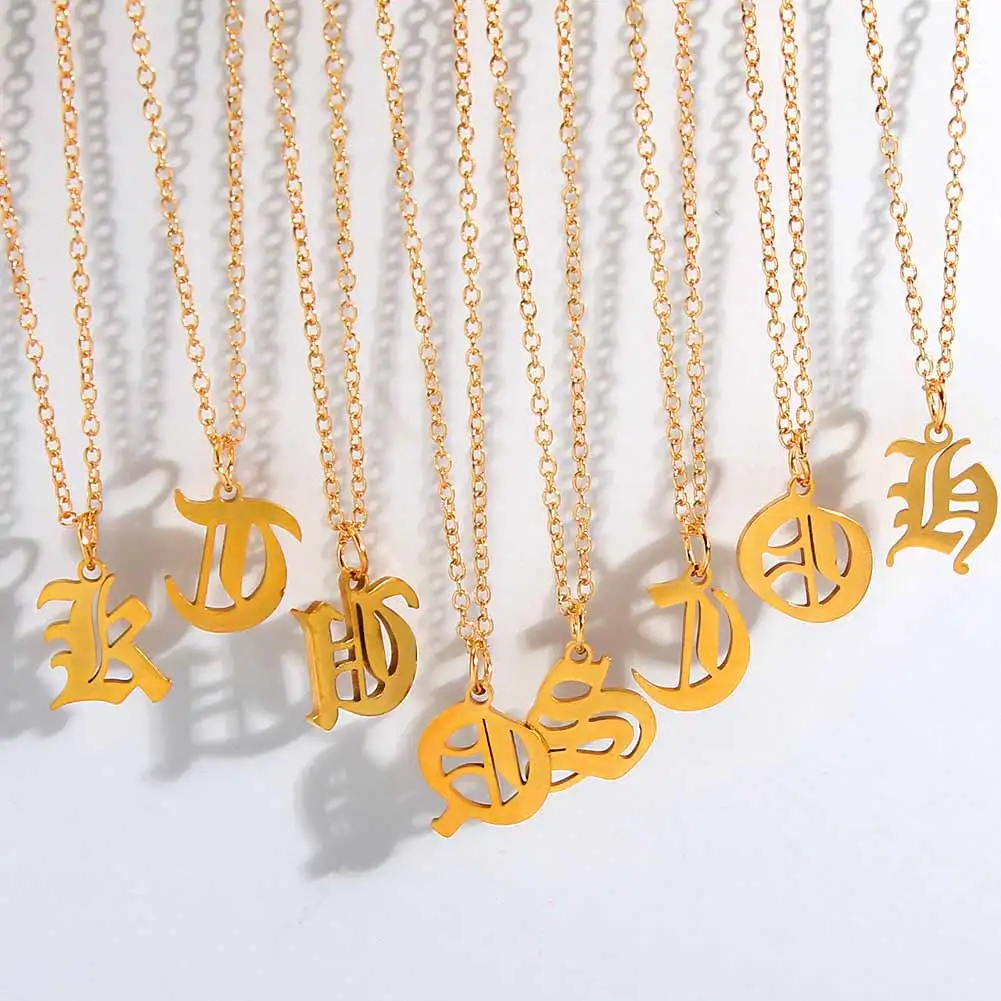 

Fashion Charm Jewelry Gift For Women Stainless Steel Old English Font Clavicle Chain Necklace 26 Initial Letter Pendant Necklace, Gold color