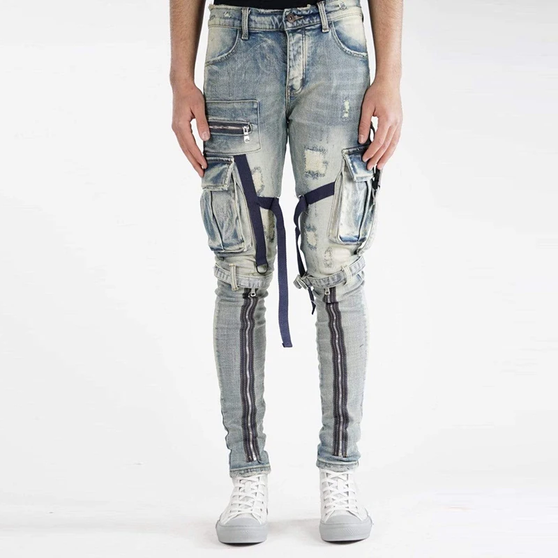 

Men Street Fashion Stacked Strap Patchwork Skinny Cargo Pocket Jeans Stretch Straight Leg Denim Pants