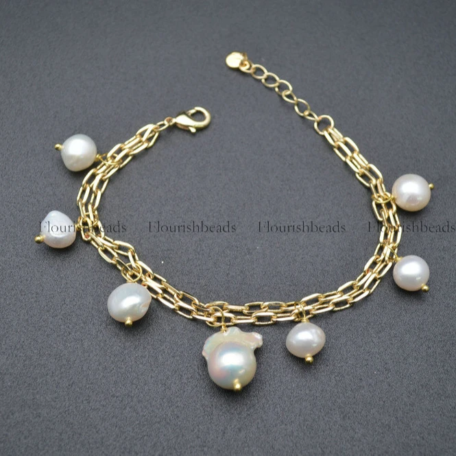 

18k Gold Plated Twisted Chains Natural Pearl Charm Bracelets Fashion Woman Party Jewelrys