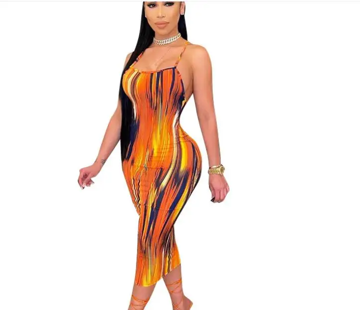 

2021 Summer printed tie-dyed Color spaghetti strap sheath Midi Dress Streetwear For Women Backless Bandage Dress Swimsuit, Red gray orange green roseo pink black