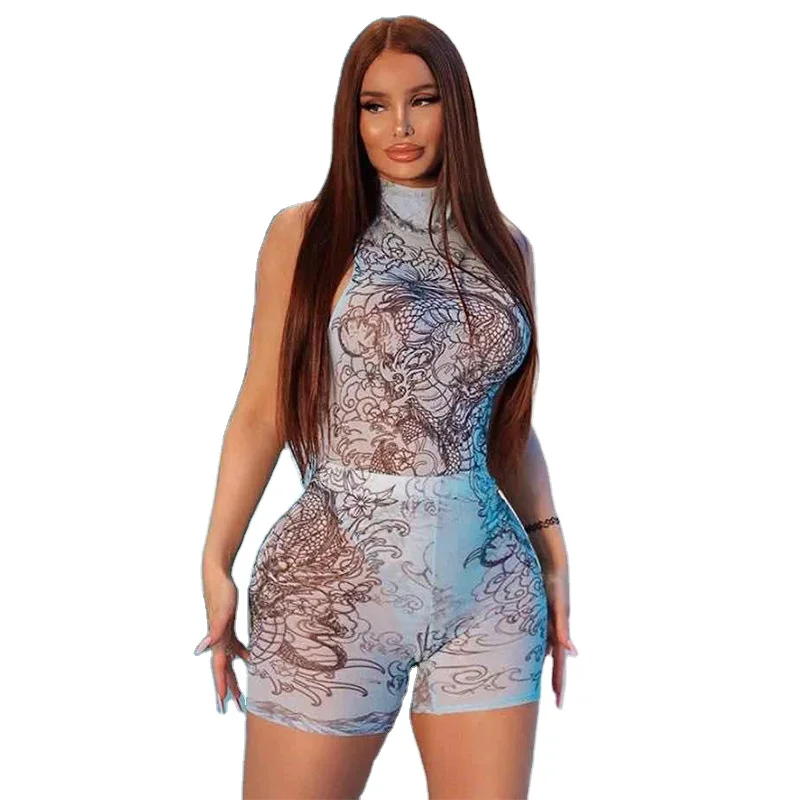 

KaiChen Hot Sale Summer Sleeveless Womens two piece bodysuit set mesh printed turtleneck bodysuits women, Oem