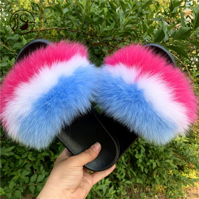 

New style latest fashion Real fox fur furry slides Colorful fur slides women slippers soft and warm slippers, Picture