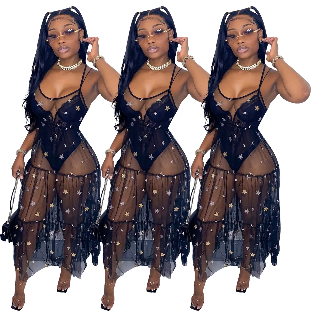 

2021 summer sexy see through transparent sequin women black party mesh dress