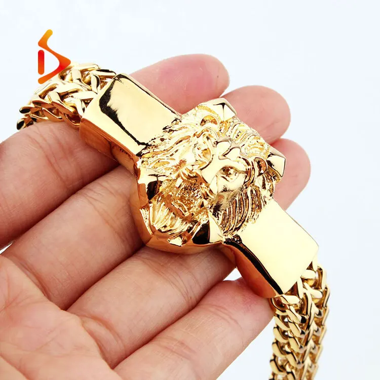 

The Hottest Double Chain Lion Head 18k Gold Stainless Steel heavy Chunky franco chain Cuban Link Bracelet, Gold/steel