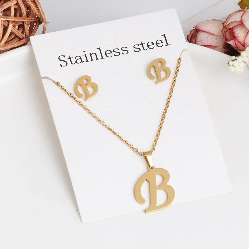 

Hight-End 26 Letters Stainless Steel Initial Necklace For Women Alphabet Name Pendant Necklace Earrings Jewelry Set Friends Gift, Gold color