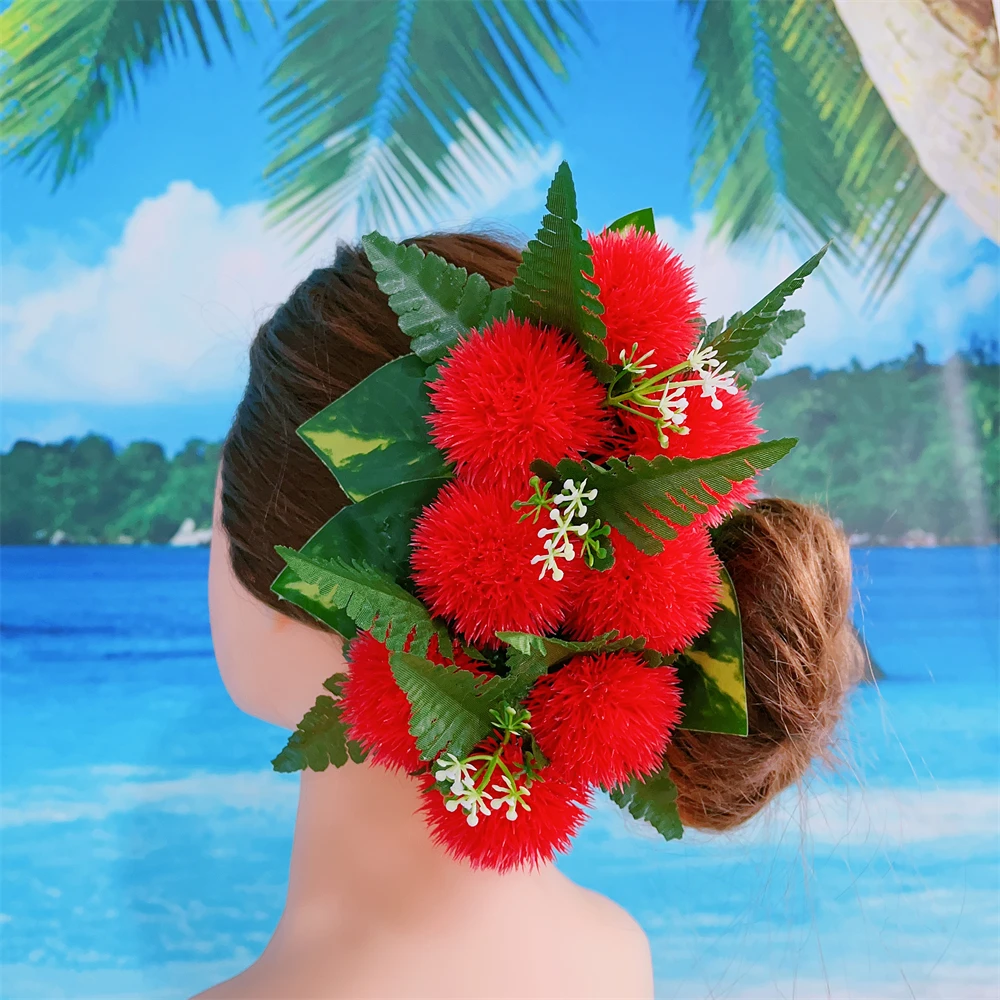 Fashion Artificial Plastic Lehua Flower Hair Clip w Fern Leaves Berry Hairpin for Party Wedding