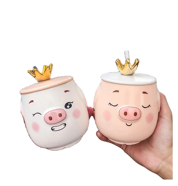 

450 ml New Design Cute Pig's Head Ceramic porcelain Coffee Drinking Mug with Crown Lid