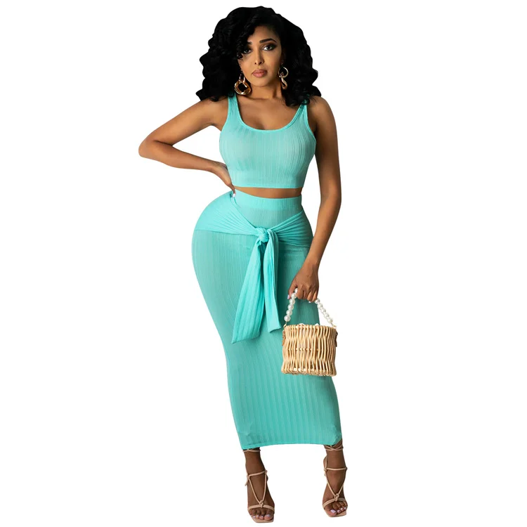 

2021 Casual vest solid color bandage sleeveless crop top tjght hip long skirt women sexy tight fitting skirts two piece set, White, pink, yellow, orange, black, peacock blue