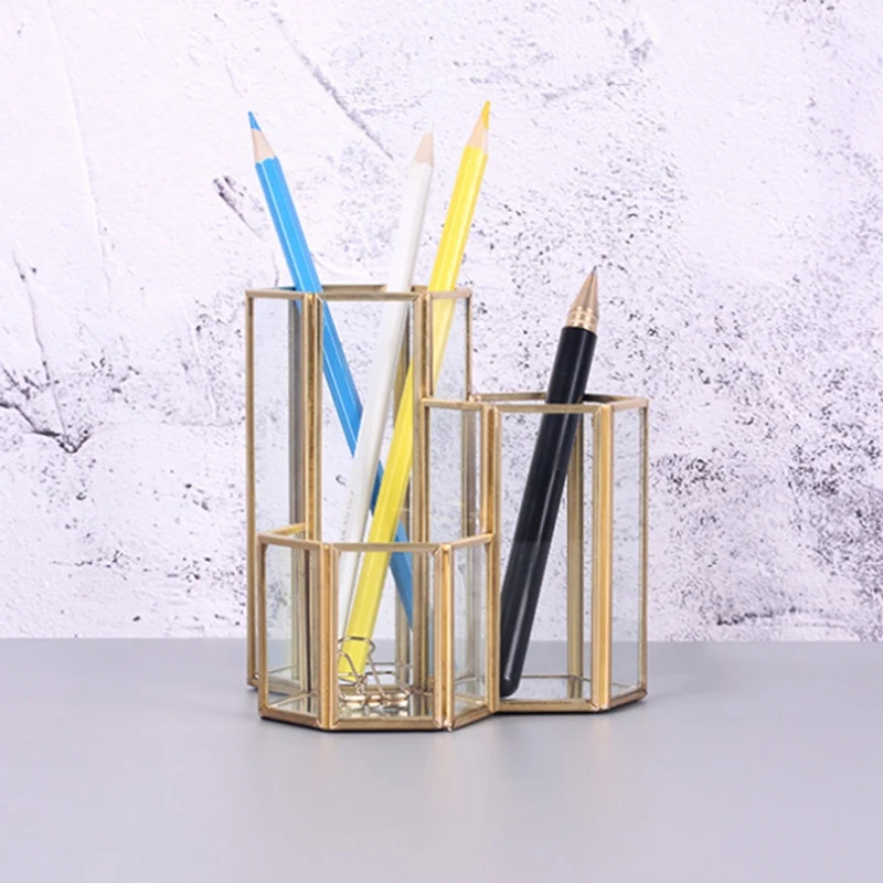 

Multifunction Desktop Organizer Office Accessories Makeup Brush Glass Box Glass Copper Hexagon Composite Pen Holder, As photo
