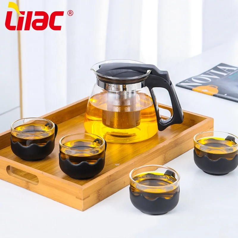 

Lilac BSCI SGS LFGB 900ml+150ml*4 japanese vintage 304 stainless steel infuser clear glass tea pot set