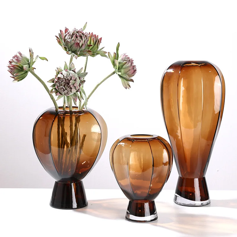 Creative Design Art Glass Air Balloon Cylinder Tabletop Vase High Value Water Flower Decoration Brown Crystal Dwax
