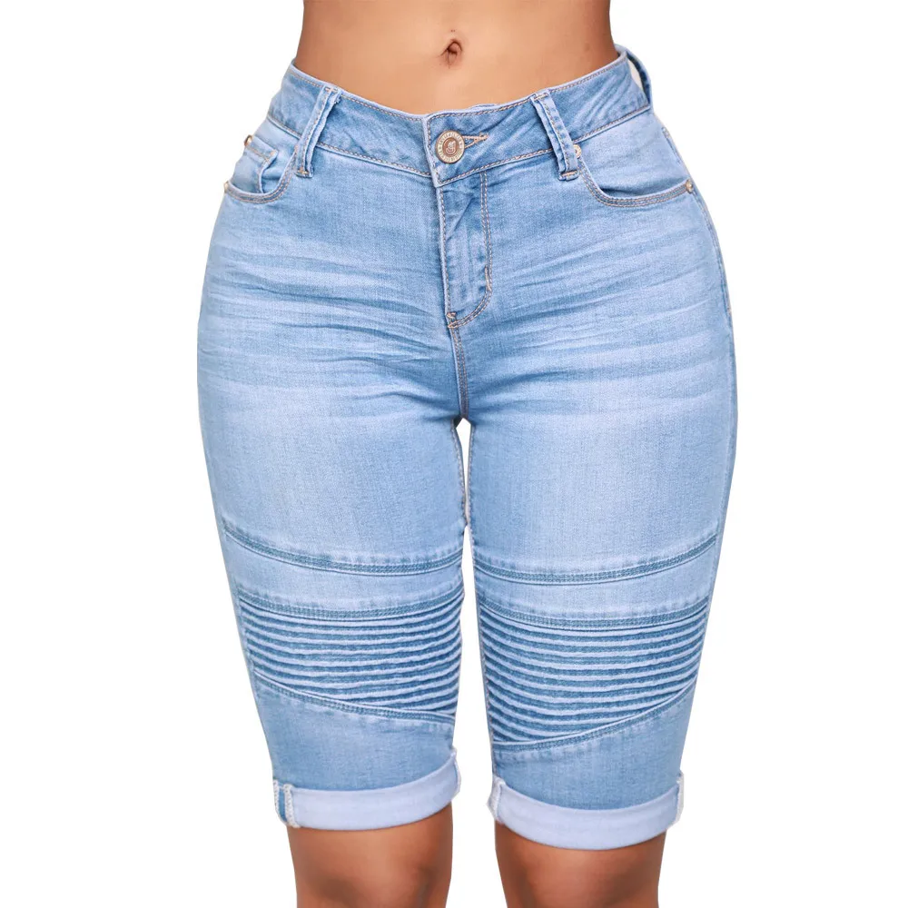 

New European and American locomotive stretch high waist classic blue denim midpants ladies jeans, Picture shown