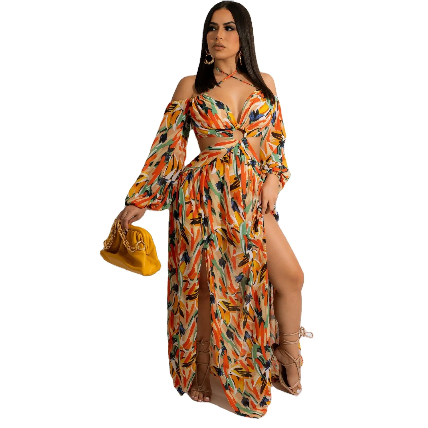 

C0302TA29 High Quality Hollow Out Sexy Women Printed Maxi Summer Dress Sehe Fashion