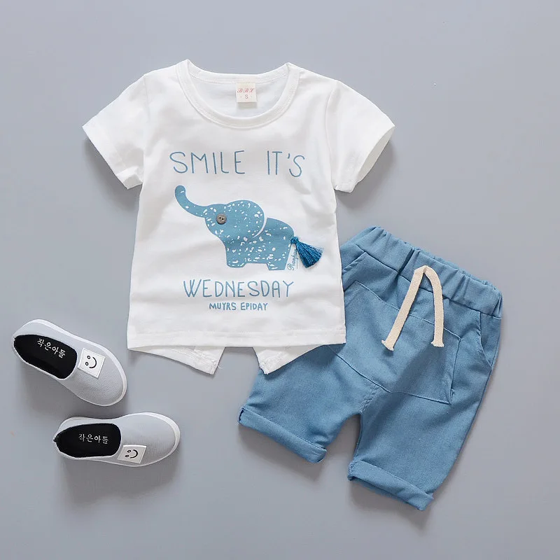 

lyc-3001 Popular promotional Toddler Boy Outfits Cartoon Elephant T-shirt+Shorts boy's clothing Set