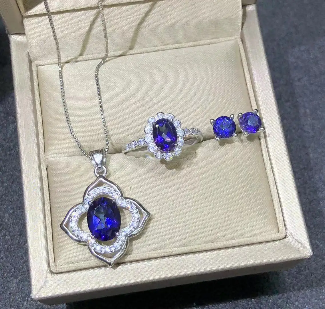 

Fashion 925 Sterling Silver Jewelry Deep Blue Color Tanzanite Topaz Jewelry Set