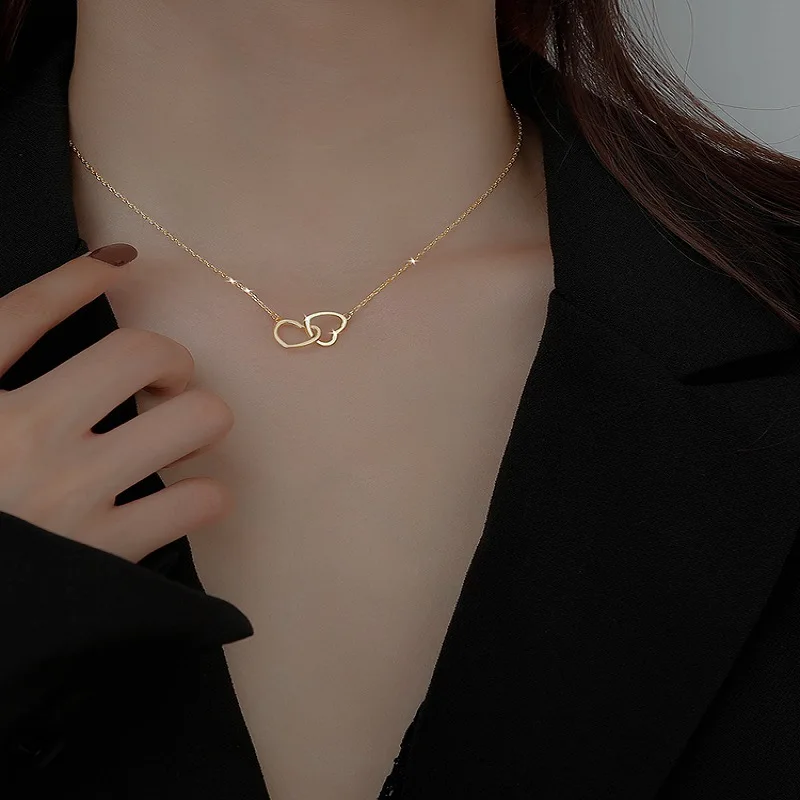

Delicate Luxury 14k Gold Plated Thin Link Chain Choker Necklace Never Fade Double Heart Stainless Steel Necklace For Mother Gift