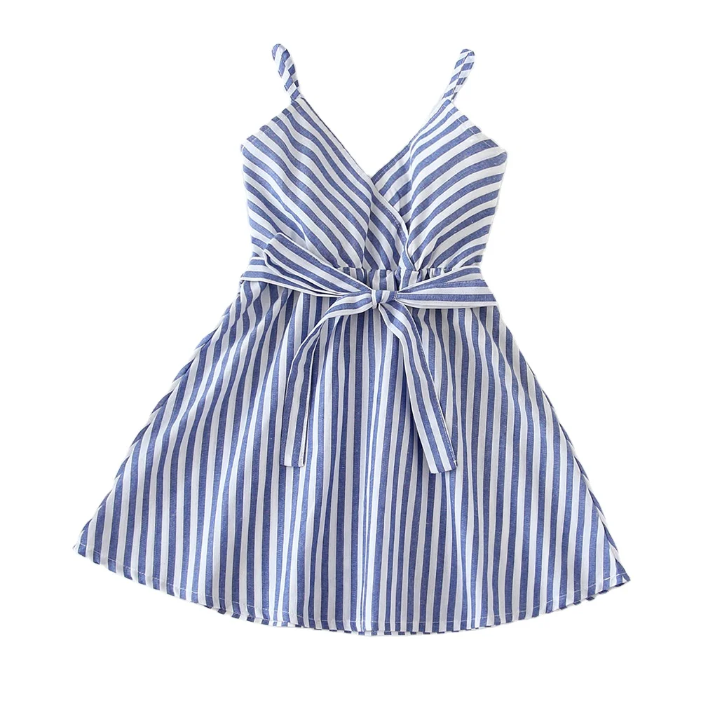 

2021 Korean Fashion Cool Suspender V-neck Striped Tie Dress Children Girls, Picture show